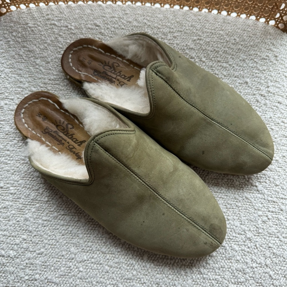 Sabah Olive Green Suede Shearling Mule Flats